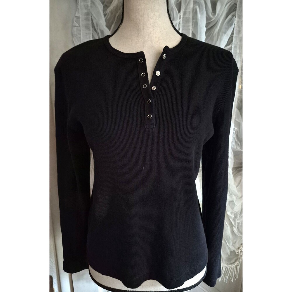 Henley Ribbed Knit Long-Sleeve Shirt Snaps Black Womens Petite M?